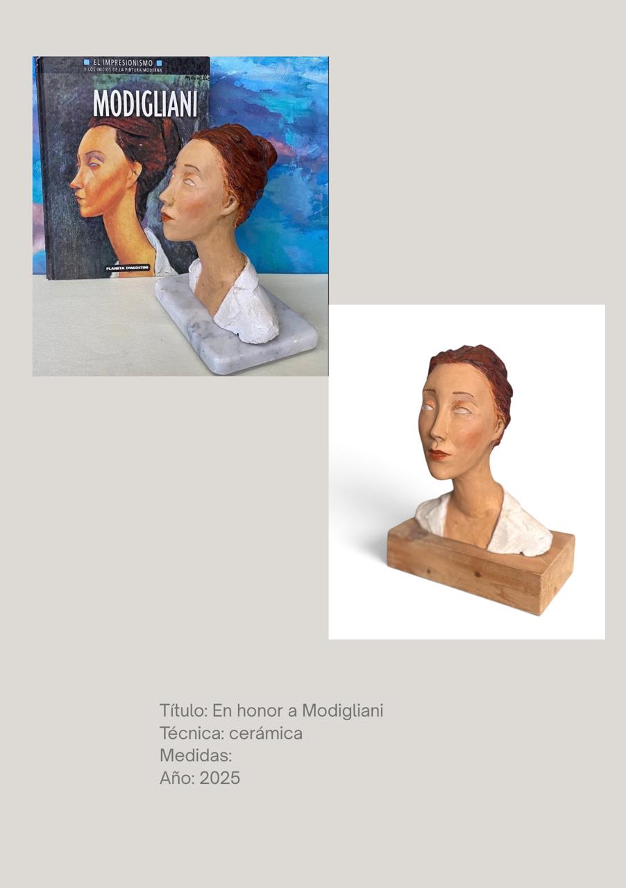 Busto de cuello alargado, cabello rojizo y cuello de camisa blanco