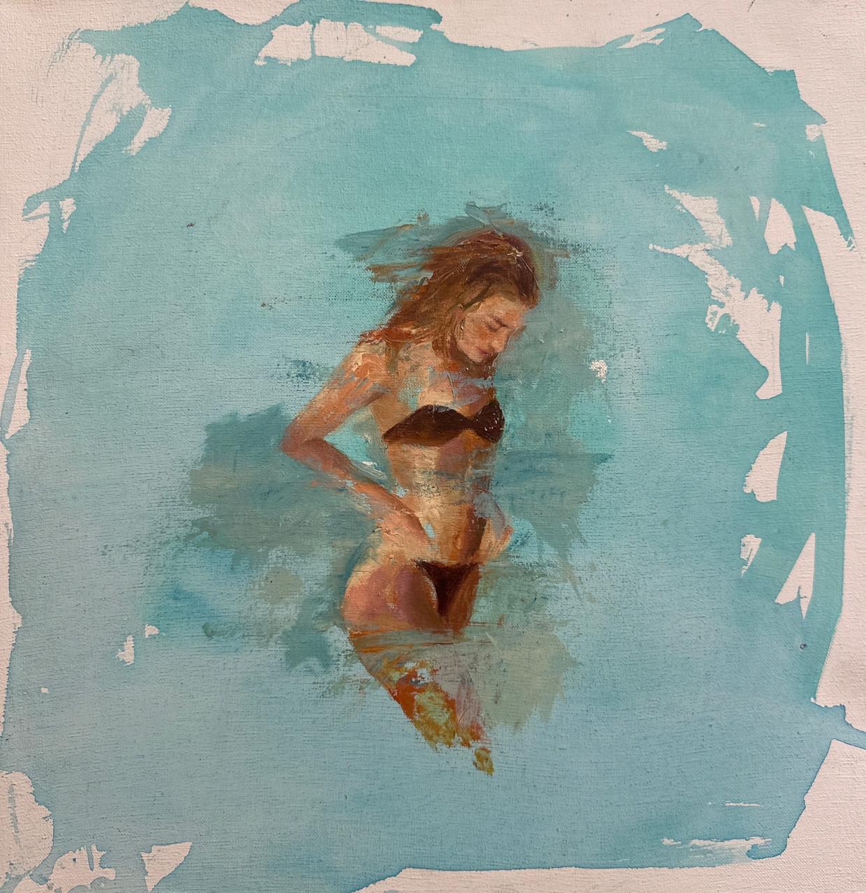 Una figura en bikini se integra en un campo turquesa, con zonas claras abiertas en los bordes.