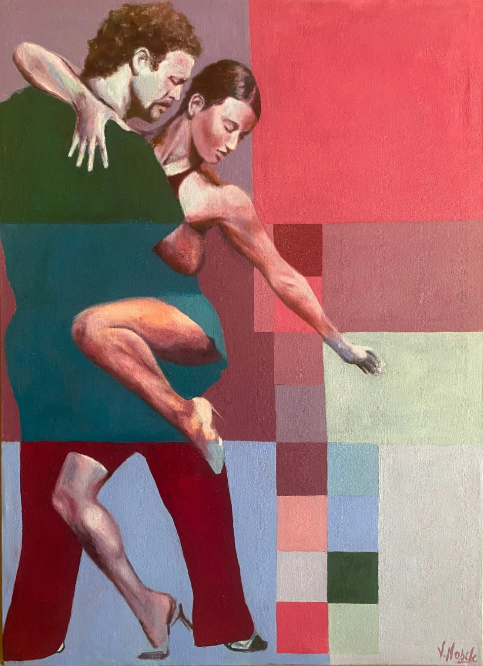 Una pareja de tango se enlaza en una postura de baile. Planos rectangulares de rosa, rojo, verde y celeste atraviesan las figuras y el fondo.