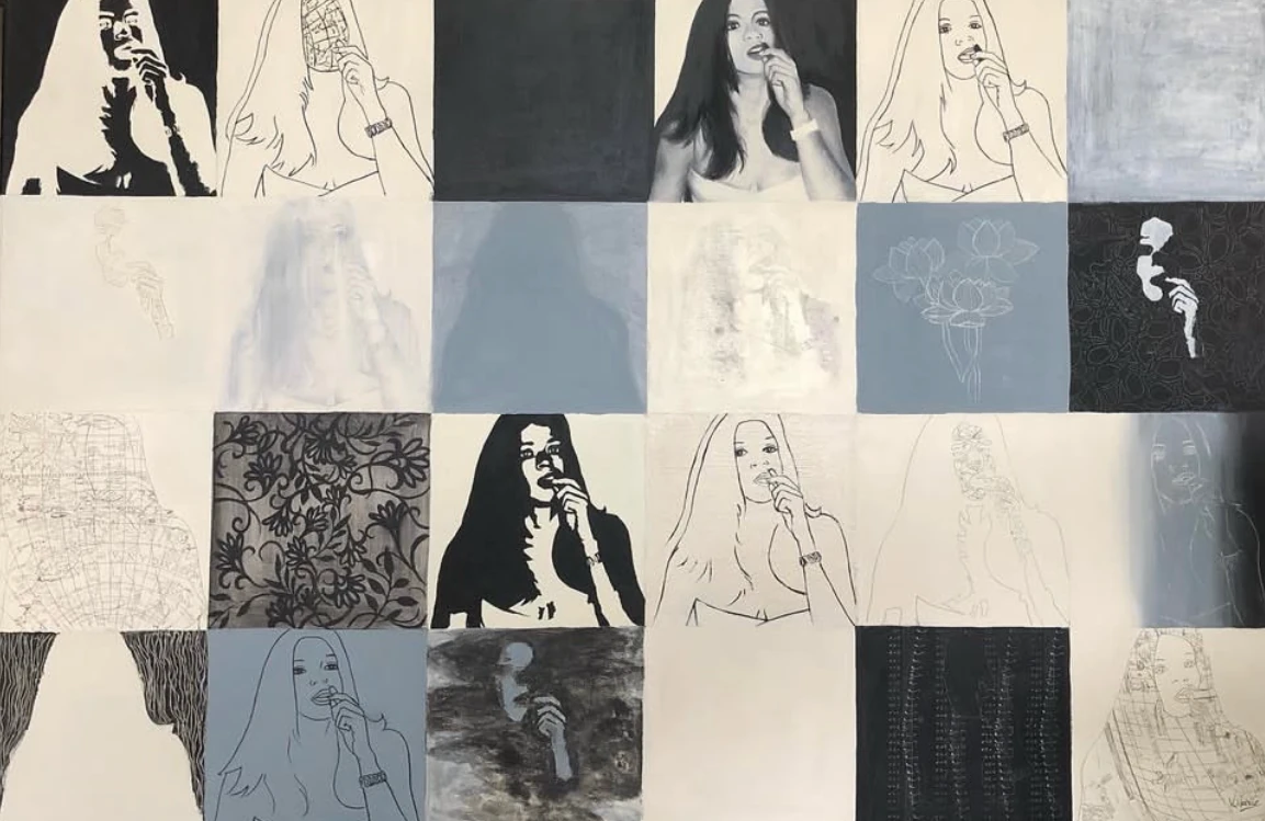 Una retícula reúne variaciones de un mismo retrato junto a dibujos, siluetas y patrones. El blanco, el negro y los grises articulan las distintas formas de representar una figura.