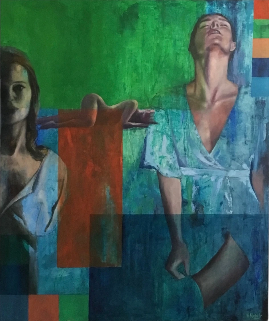 Varias figuras femeninas se distribuyen entre planos geométricos verdes, azules y anaranjados. Las transparencias de color atraviesan los cuerpos y conectan sus distintas posiciones.